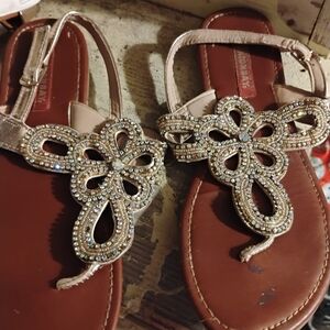 Embellished Beige Women's T-Strap Sandals